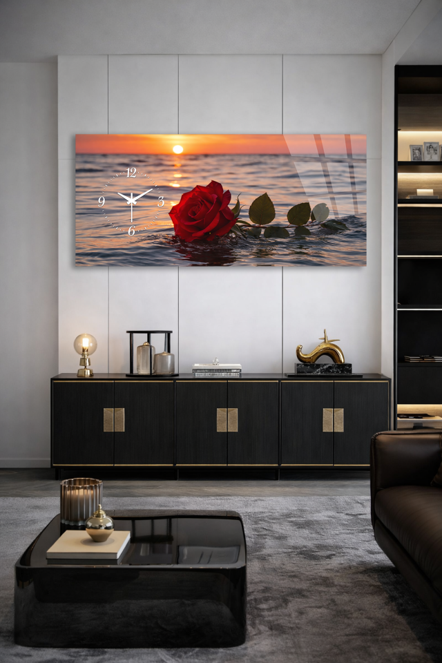 KIRILMAZ CAM DUVAR SAATİ , HEM TABLO HEM SAAT GÜL VE GÜN BATIMI MANZARASI EV OFİS HEDİYESİ