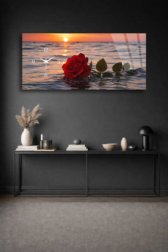 KIRILMAZ CAM DUVAR SAATİ , HEM TABLO HEM SAAT GÜL VE GÜN BATIMI MANZARASI EV OFİS HEDİYESİ