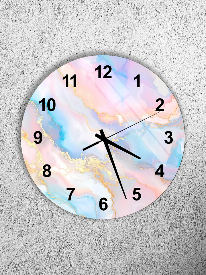 KIRILMAZ CAM DUVAR SAATİ, HEM TABLO HEM SAAT PASTEL SOYUT MERMER TASARIM EV OFİS HEDİYESİ