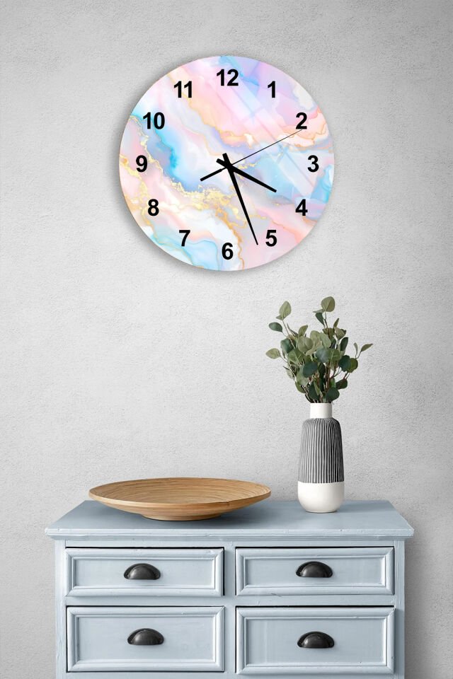 KIRILMAZ CAM DUVAR SAATİ, HEM TABLO HEM SAAT PASTEL SOYUT MERMER TASARIM EV OFİS HEDİYESİ