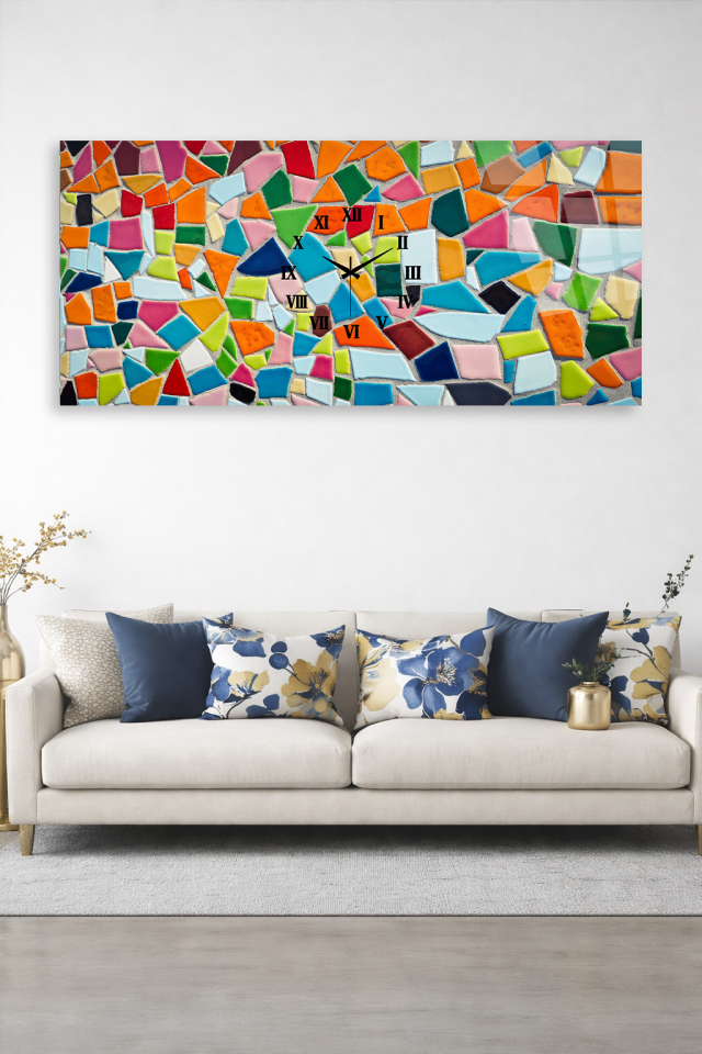 KIRILMAZ CAM DUVAR SAATİ , HEM TABLO HEM SAAT RENKLİ MOZAİK DESEN EV OFİS HEDİYESİ