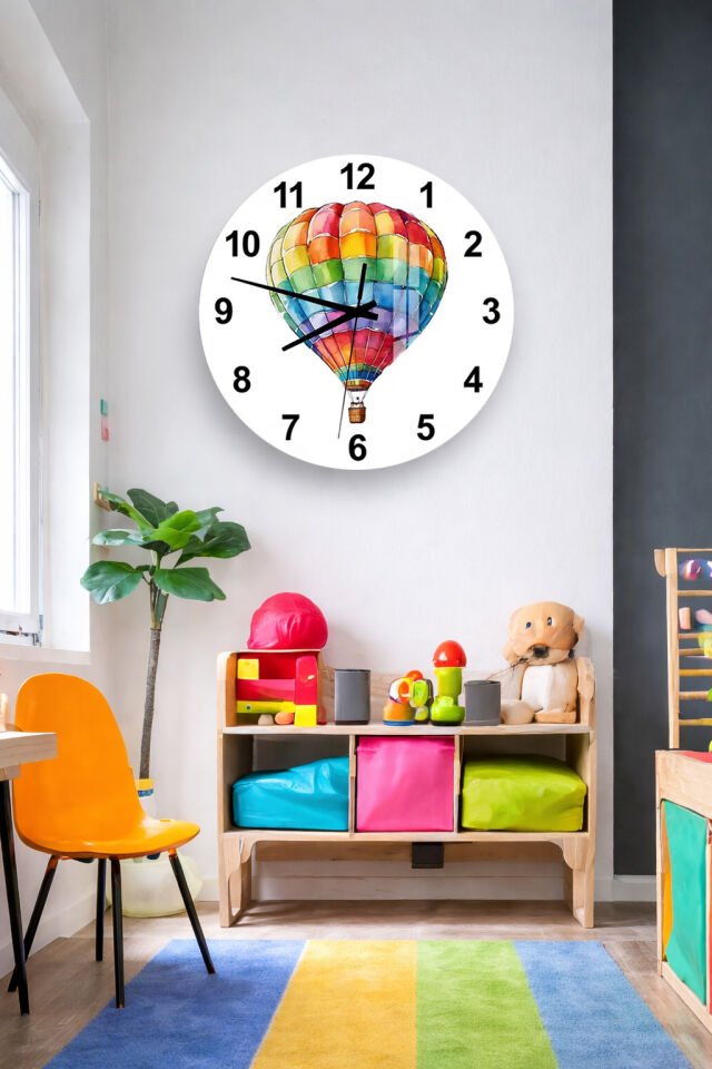 KIRILMAZ CAM DUVAR SAATİ, HEM TABLO HEM SAAT RENKLİ SICAK HAVA BALONU ÇOCUK ODASI EV OFİS HEDİYESİ