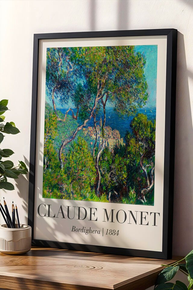 SİYAH - Claude Monet Bordighera Manzarası Vintage Doğal Ahşap Çerçeveli Duvar Tablosu