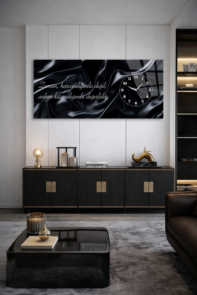 KIRILMAZ CAM DUVAR SAATİ , HEM TABLO HEM SAAT MOTİVASYON YAZILI ŞIK SİYAH TASARIM EV OFİS HEDİYESİ