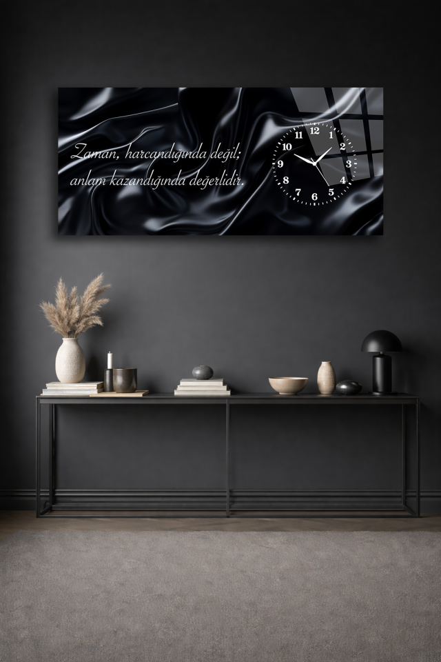 KIRILMAZ CAM DUVAR SAATİ , HEM TABLO HEM SAAT MOTİVASYON YAZILI ŞIK SİYAH TASARIM EV OFİS HEDİYESİ