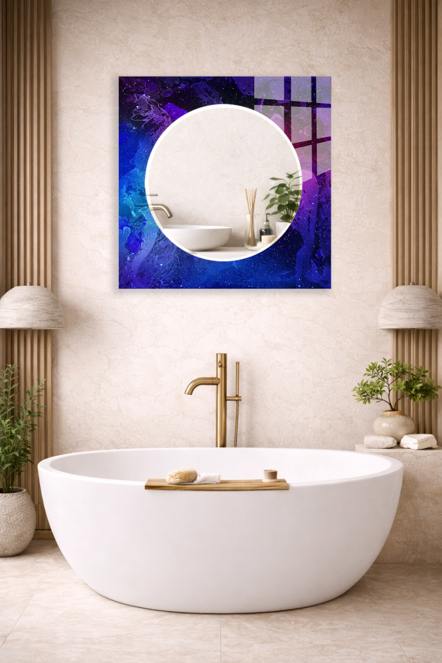 HEM TABLO HEM AYNA GALAKSİ DESENLİ GECE MAVİSİ TASARIM CAM DUVAR AYNASI EV DEKORU