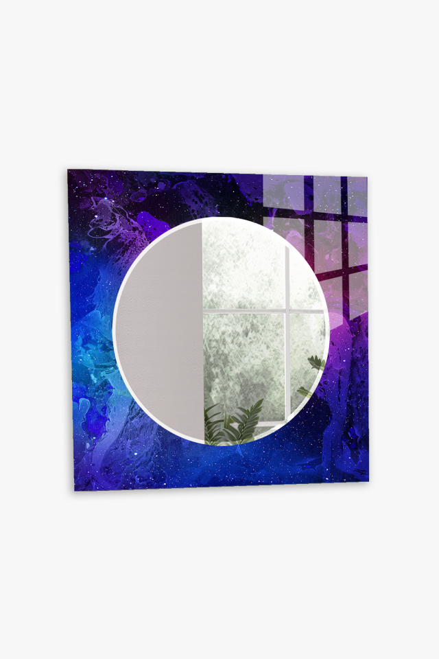 HEM TABLO HEM AYNA GALAKSİ DESENLİ GECE MAVİSİ TASARIM CAM DUVAR AYNASI EV DEKORU