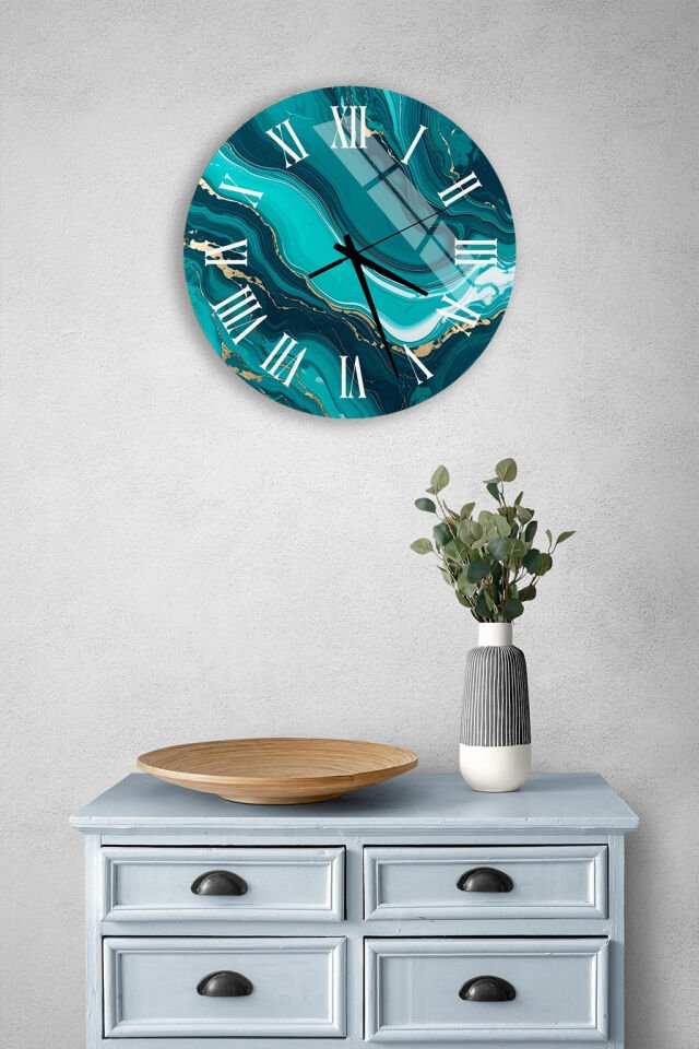 KIRILMAZ CAM DUVAR SAATİ, HEM TABLO HEM SAAT TURKUAZ ALTIN DAMARLI MERMER EV OFİS HEDİYESİ