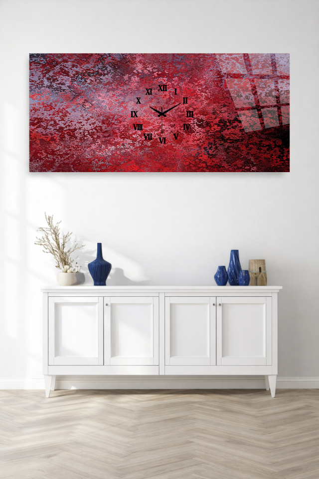 KIRILMAZ CAM DUVAR SAATİ, HEM TABLO HEM SAAT KIRMIZI SOYUT MODERN TASARIM EV OFİS HEDİYESİ