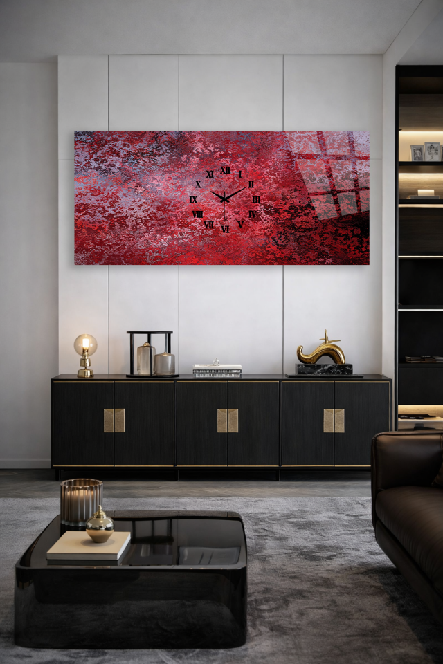 KIRILMAZ CAM DUVAR SAATİ, HEM TABLO HEM SAAT KIRMIZI SOYUT MODERN TASARIM EV OFİS HEDİYESİ