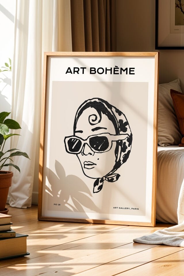 DOĞAL AHŞAP - Retro Kadın Portresi Doğal Ahşap Çerçeveli Bohem Duvar Tablosu