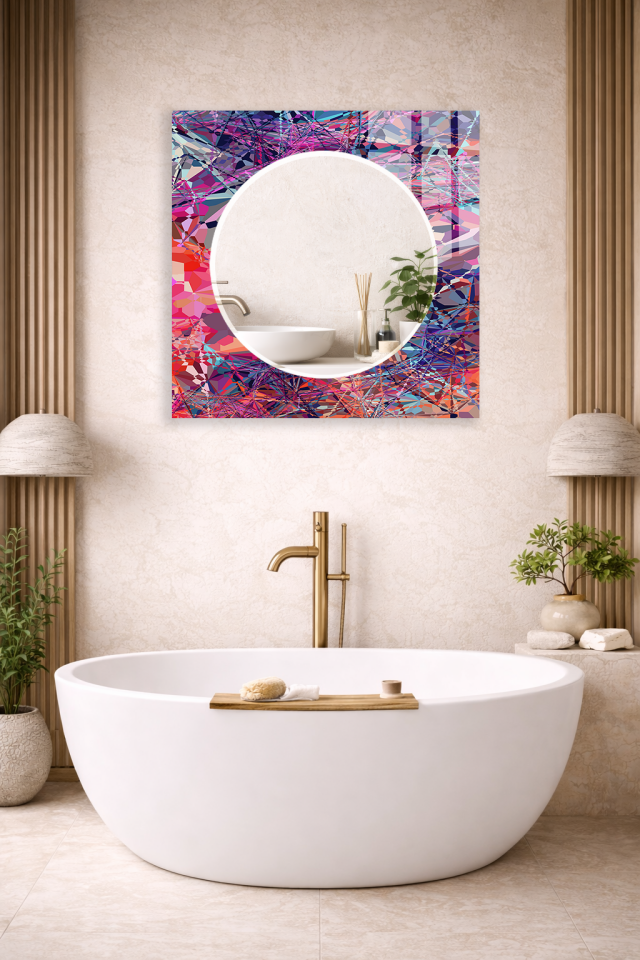 HEM TABLO HEM AYNA RENKLİ MOZAIK SOYUT SANAT TASARIM CAM DUVAR AYNASI EV DEKORU
