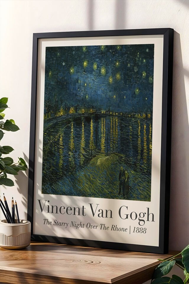 SİYAH - Vincent Van Gogh Rhone Üzerinde Yıldızlı Gece Vintage Doğal Ahşap Çerçeveli Duvar Tablosu