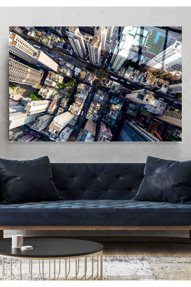 Yukarıdan Şehir Sokakları Cam Tablo, Dekoratif Cam Tablo
