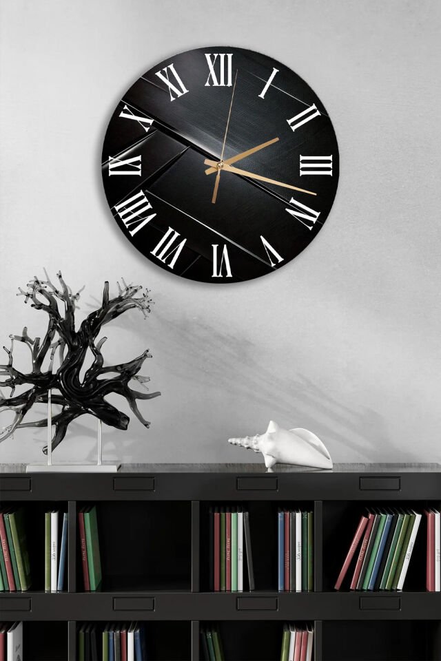 KIRILMAZ CAM DUVAR SAATİ, HEM TABLO HEM SAAT SİYAH MODERN DOKU EV OFİS HEDİYESİ