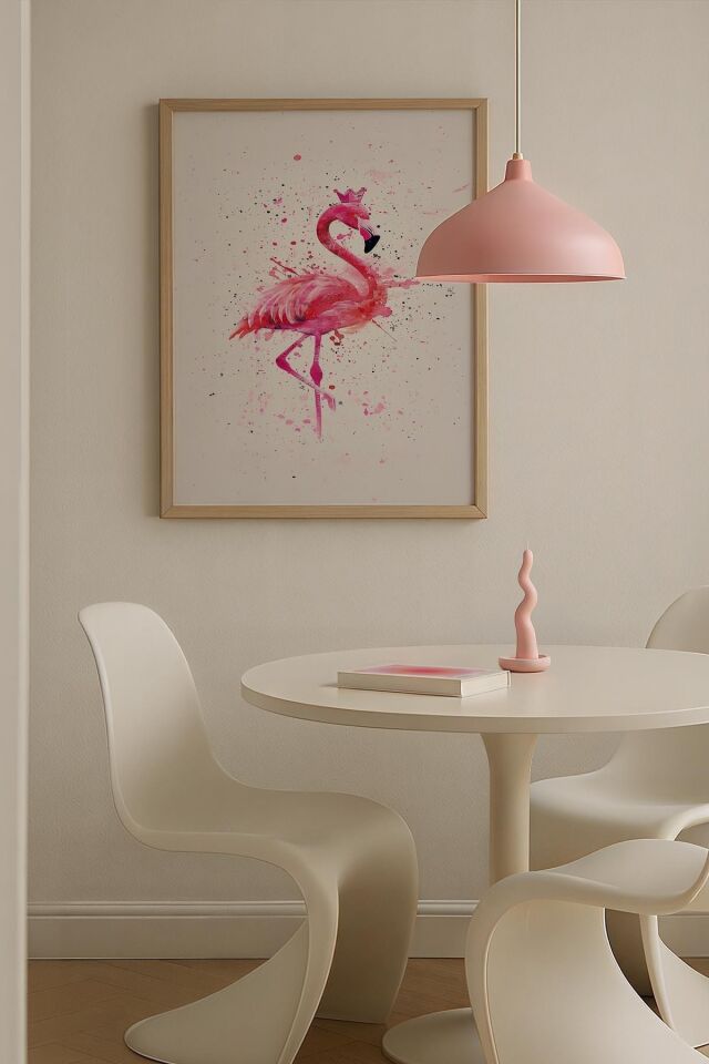 DOĞAL AHŞAP - Flamingo Figürü Beyaz Maksimalist Sanatı Ahşap Çerçeveli Duvar Tablosu