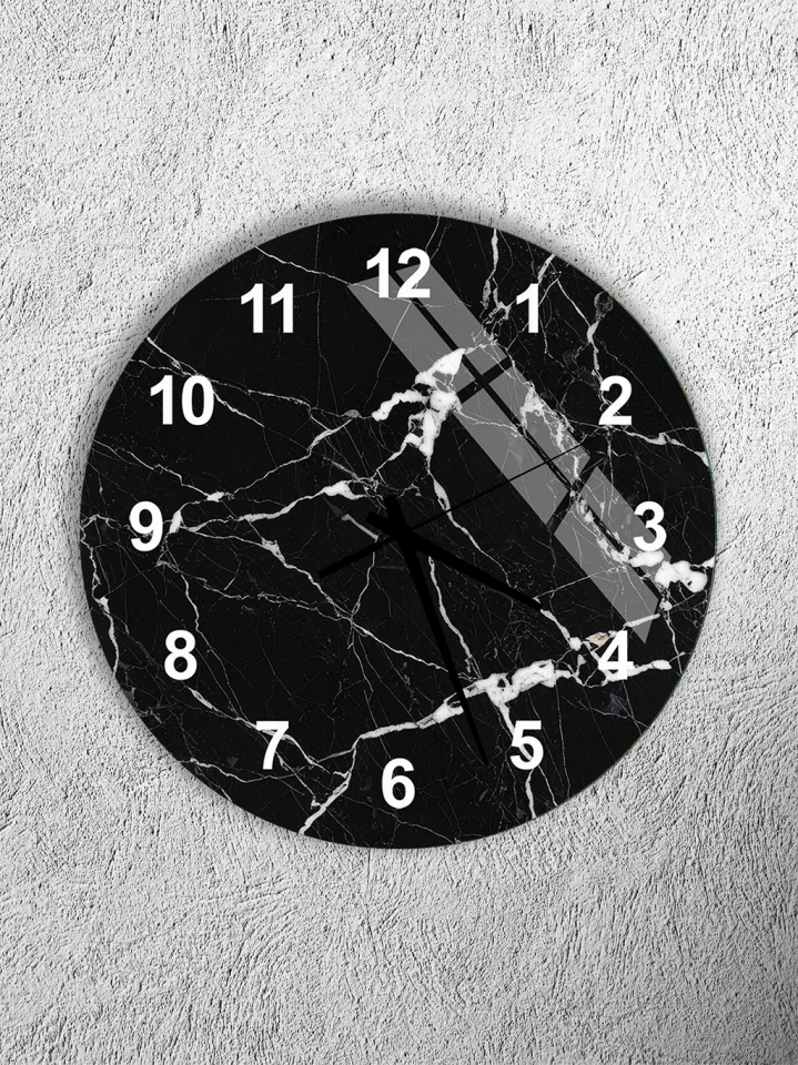 KIRILMAZ CAM DUVAR SAATİ, HEM TABLO HEM SAAT SİYAH BEYAZ MERMER MODERN EV OFİS HEDİYESİ