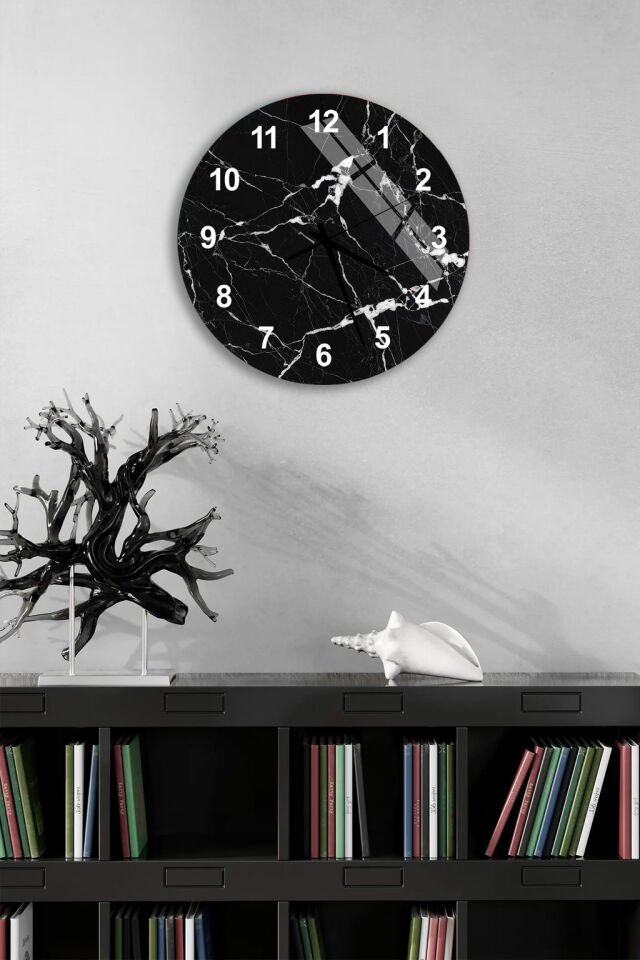 KIRILMAZ CAM DUVAR SAATİ, HEM TABLO HEM SAAT SİYAH BEYAZ MERMER MODERN EV OFİS HEDİYESİ