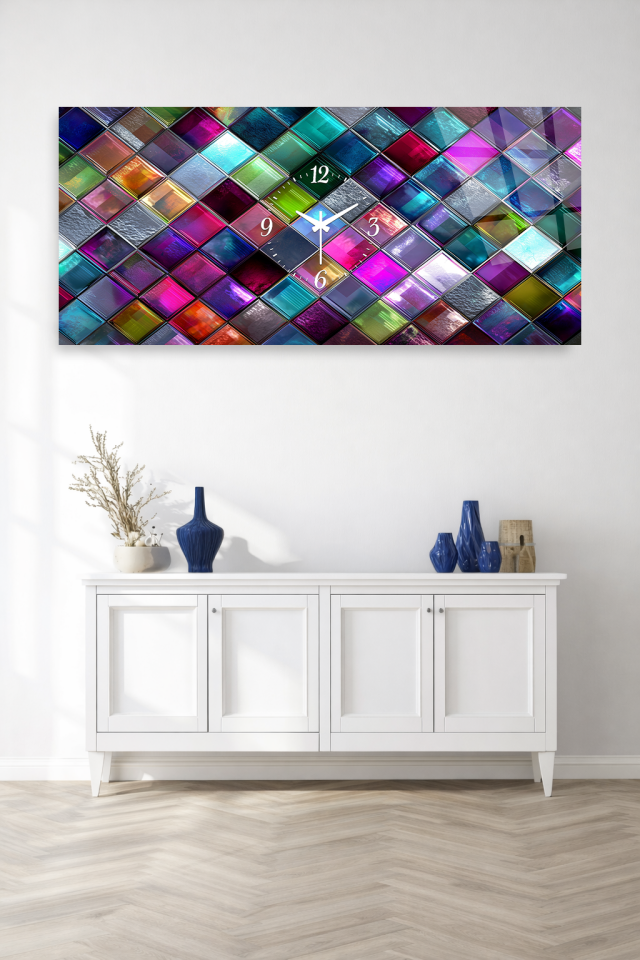 KIRILMAZ CAM DUVAR SAATİ, HEM TABLO HEM SAAT RENKLİ MOZAİK CAM TASARIM EV OFİS HEDİYESİ