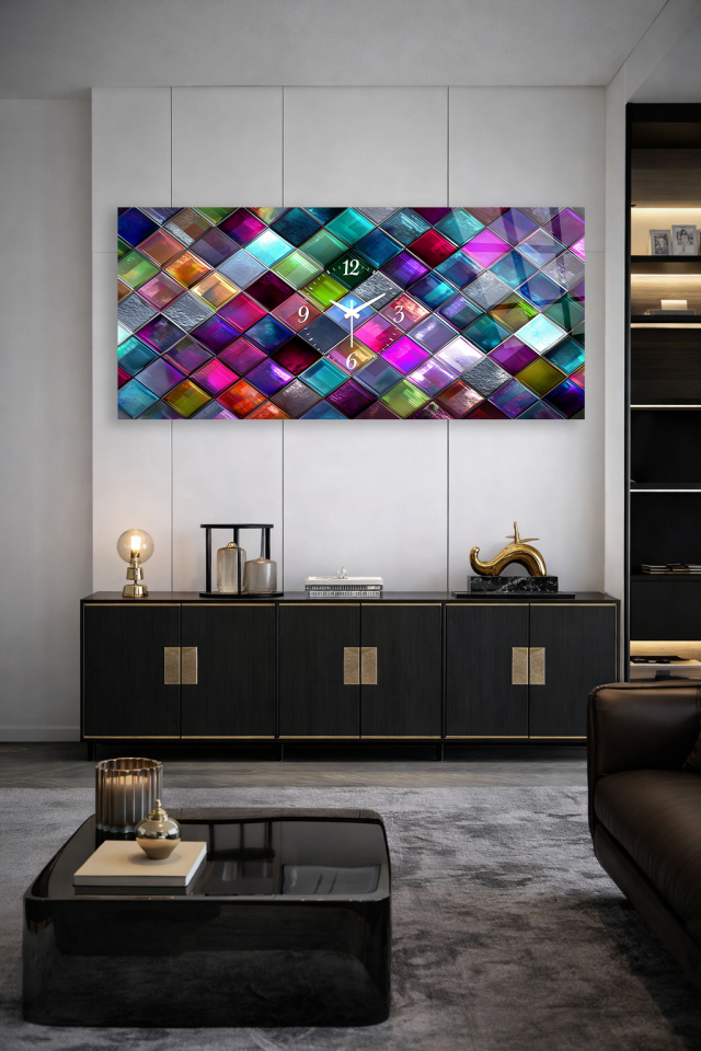 KIRILMAZ CAM DUVAR SAATİ, HEM TABLO HEM SAAT RENKLİ MOZAİK CAM TASARIM EV OFİS HEDİYESİ