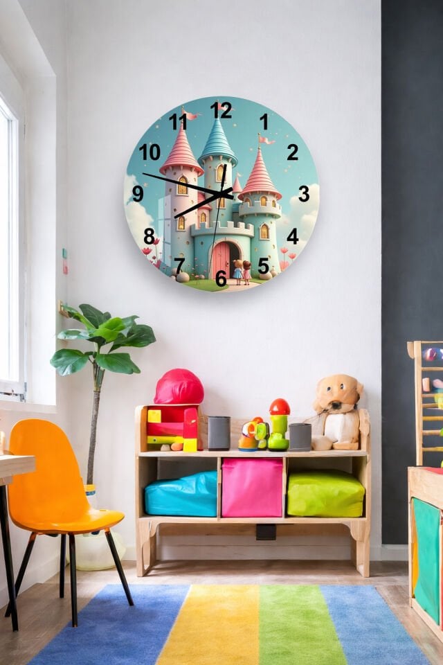 KIRILMAZ CAM DUVAR SAATİ, HEM TABLO HEM SAAT MASAL ŞATOSU ÇOCUK ODASI EV OFİS HEDİYESİ