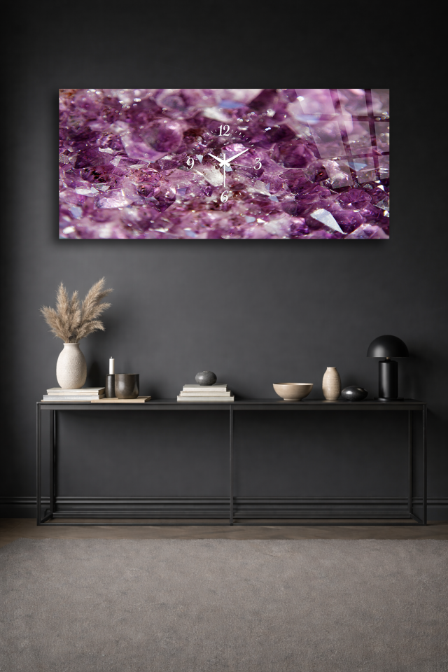 KIRILMAZ CAM DUVAR SAATİ , HEM TABLO HEM SAAT AMETİST KRİSTAL DOĞAL TAŞ EV OFİS HEDİYESİ