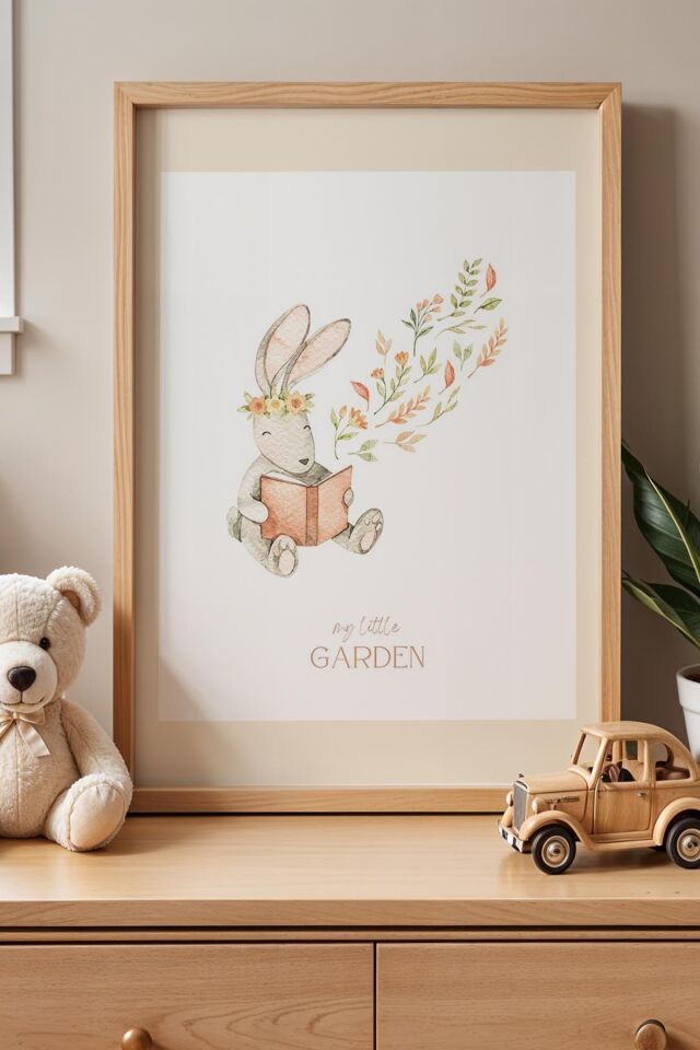 DOĞAL AHŞAP - My Little Garden Yazılı Kitap Okuyan Tavşan Çocuk Odası Ahşap Çerçeveli Duvar Tablosu
