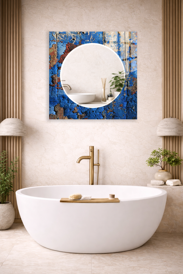 HEM TABLO HEM AYNA  MAVİ AHŞAP DOKU VİNTAGE CAM DUVAR AYNASI EV DEKORU