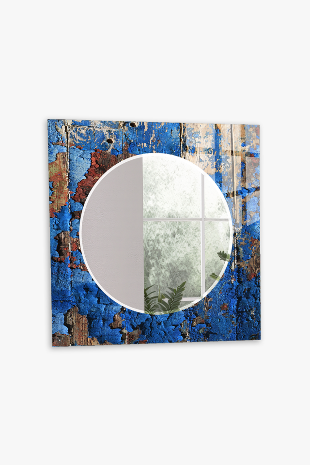 HEM TABLO HEM AYNA  MAVİ AHŞAP DOKU VİNTAGE CAM DUVAR AYNASI EV DEKORU