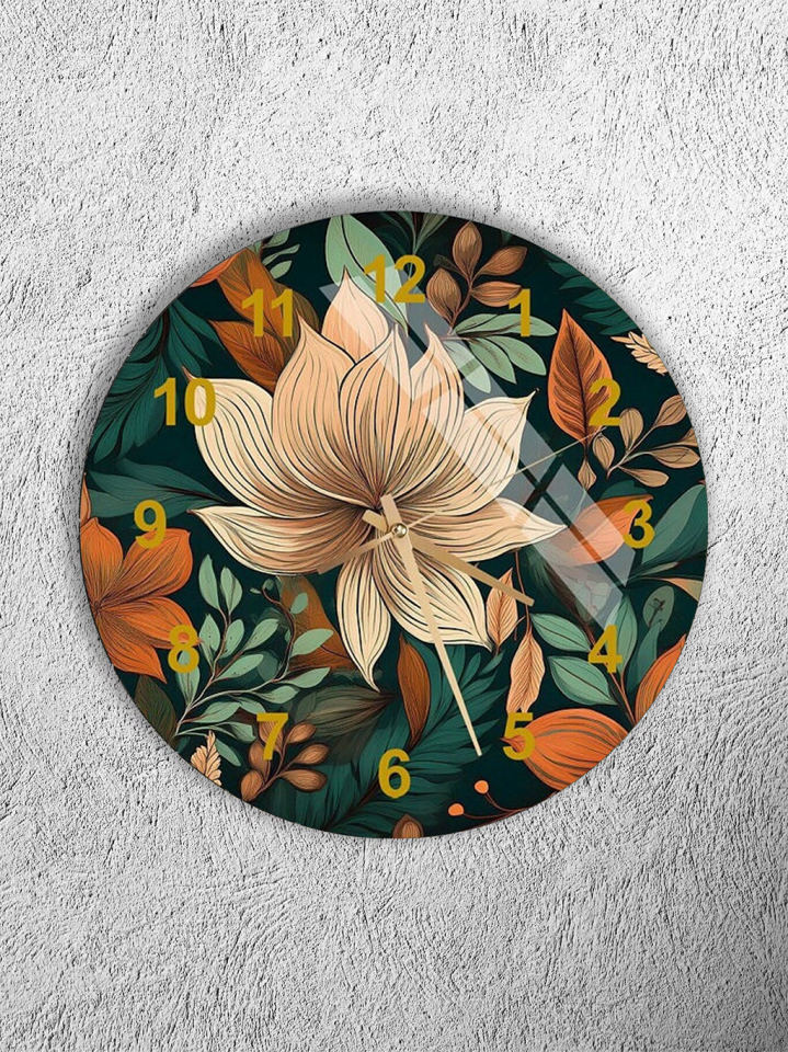 KIRILMAZ CAM DUVAR SAATİ, HEM TABLO HEM SAAT ÇİÇEK VE YAPRAK DESENLİ DOĞAL EV OFİS HEDİYESİ