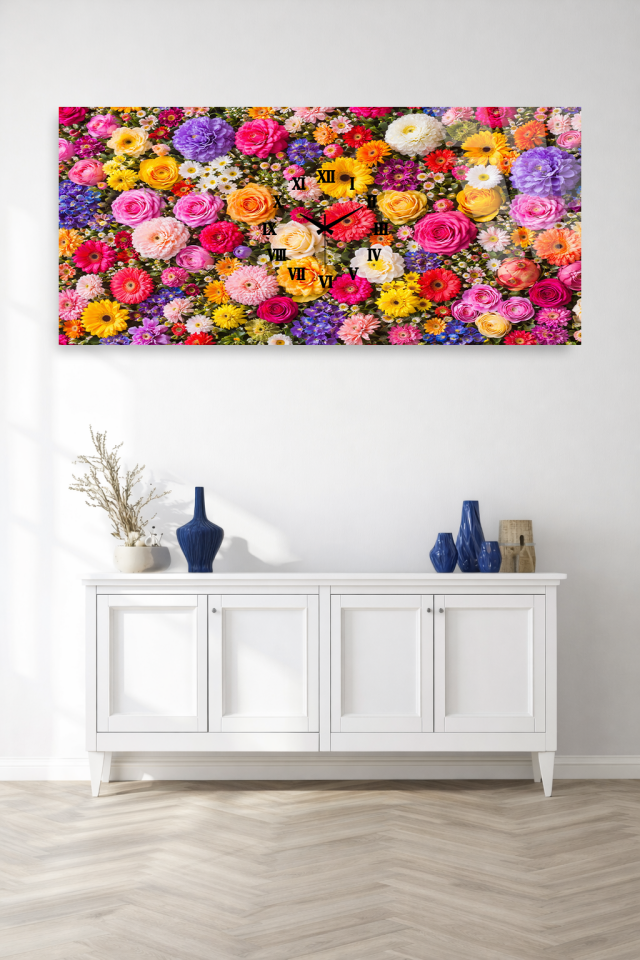 KIRILMAZ CAM DUVAR SAATİ, HEM TABLO HEM SAAT RENKLİ ÇİÇEK DESENLİ EV OFİS HEDİYESİ