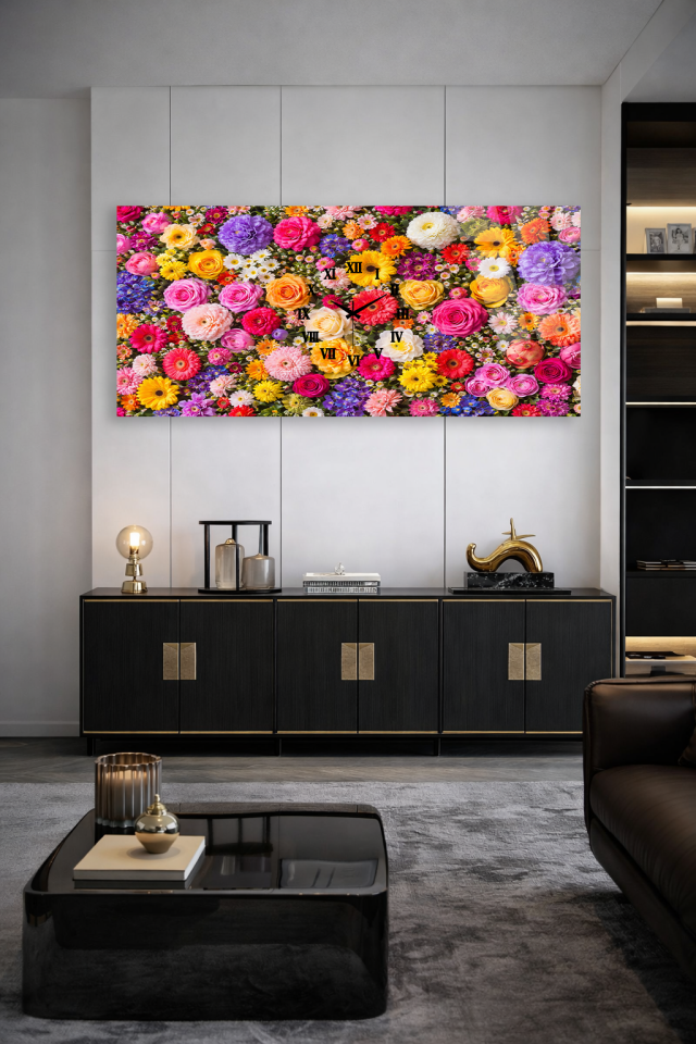 KIRILMAZ CAM DUVAR SAATİ, HEM TABLO HEM SAAT RENKLİ ÇİÇEK DESENLİ EV OFİS HEDİYESİ