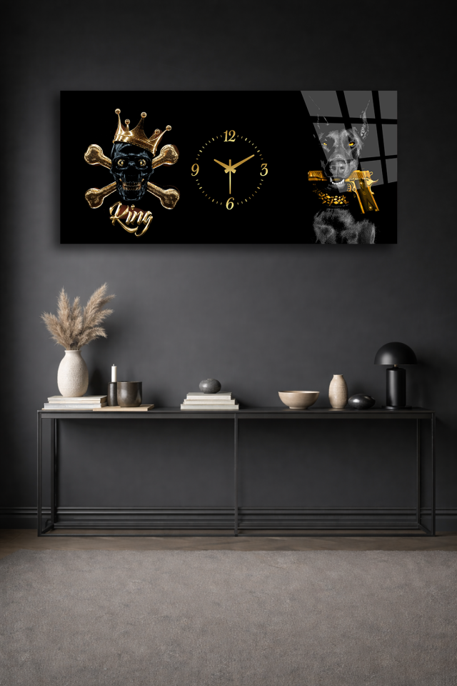 KIRILMAZ CAM DUVAR SAATİ , HEM TABLO HEM SAAT KRAL TAÇLI KURU KAFA TASARIM EV OFİS HEDİYESİ