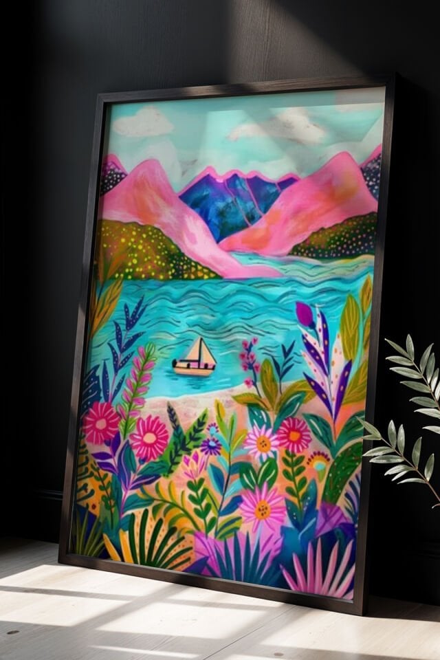 SİYAH - Doğal Ahşap çerçeveli Soyut Deniz Sanat Eseri, Renkli manzara Duvar tablosu