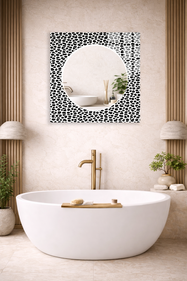 HEM TABLO HEM AYNA SİYAH BEYAZ LEOPAR DESEN MODERN CAM DUVAR AYNASI EV DEKORU