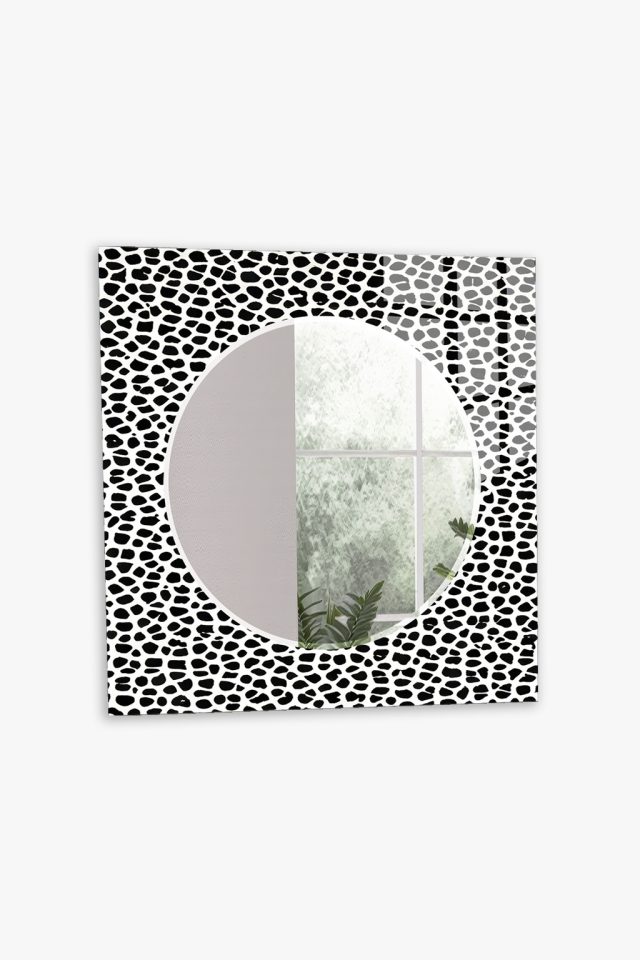 HEM TABLO HEM AYNA SİYAH BEYAZ LEOPAR DESEN MODERN CAM DUVAR AYNASI EV DEKORU