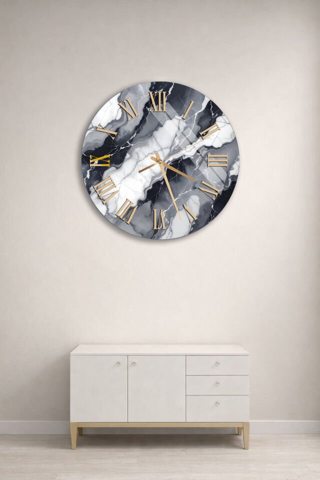 KIRILMAZ CAM DUVAR SAATİ, HEM TABLO HEM SAAT SİYAH BEYAZ MERMER ALTIN ROMEN RAKAM EV OFİS HEDİYESİ