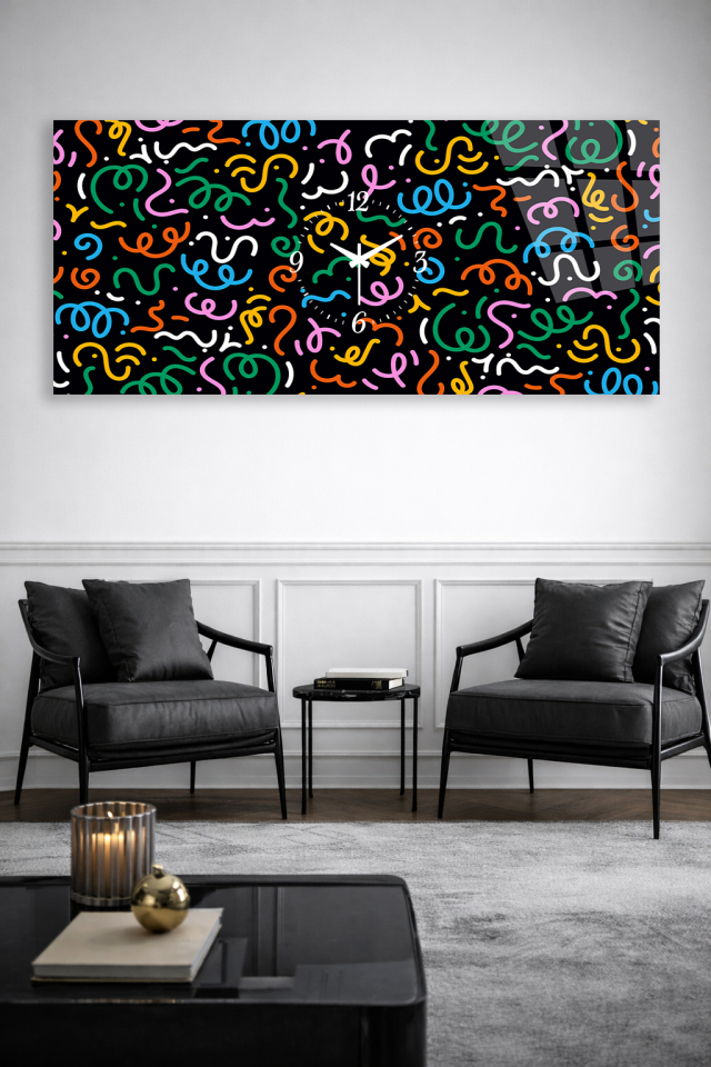 KIRILMAZ CAM DUVAR SAATİ , HEM TABLO HEM SAAT RENKLİ SOYUT ÇİZGİ MODERN TASARIM EV OFİS HEDİYESİ