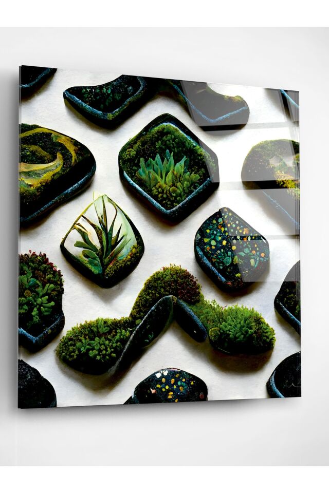 Taş Detaylı Çiçekler Cam Tablo, Dekoratif Cam Tablo