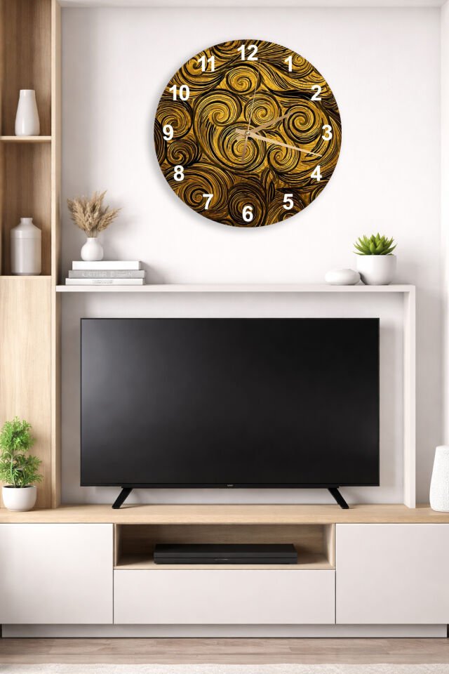 KIRILMAZ CAM DUVAR SAATİ, HEM TABLO HEM SAAT ALTIN SOYUT SPİRAL DESEN EV OFİS HEDİYESİ