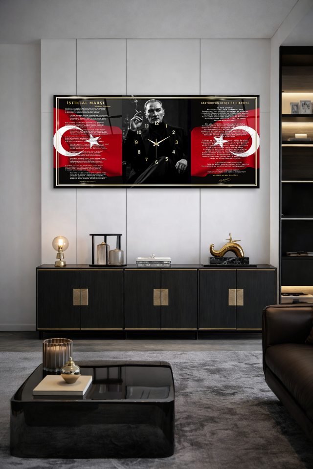 KIRILMAZ CAM DUVAR SAATİ , HEM TABLO HEM SAAT ATATÜRK VE İSTİKLAL MARŞI TASARIM EV OFİS HEDİYESİ
