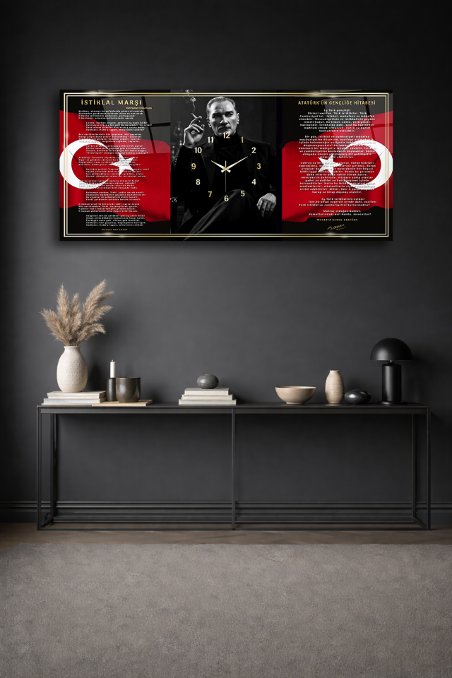 KIRILMAZ CAM DUVAR SAATİ , HEM TABLO HEM SAAT ATATÜRK VE İSTİKLAL MARŞI TASARIM EV OFİS HEDİYESİ