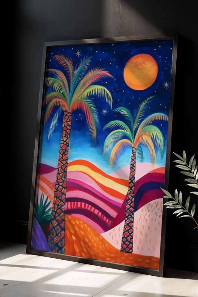 SİYAH - Soyut Palmiye Sanat Eseri - Doğal Ahşap Çerçeveli Duvar tablosu