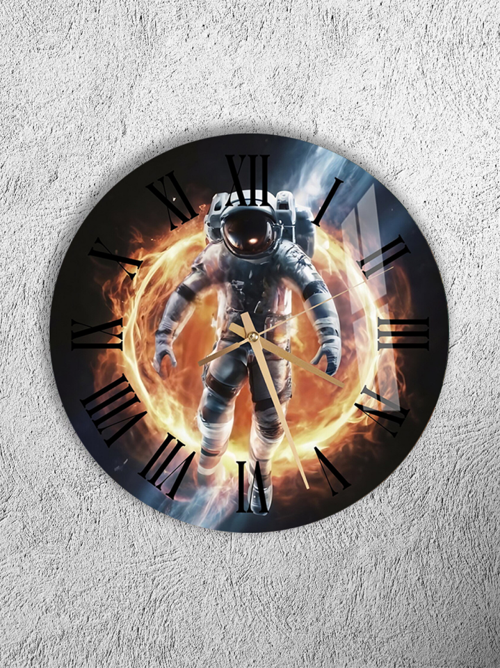 KIRILMAZ CAM DUVAR SAATİ, HEM TABLO HEM SAAT ASTRONOT VE ALEV HALKASI UZAY TEMALI EV OFİS HEDİYESİ