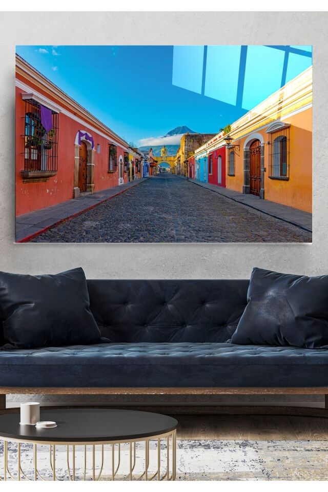 Renkli Evler Cam Tablo, Dekoratif Cam Tablo