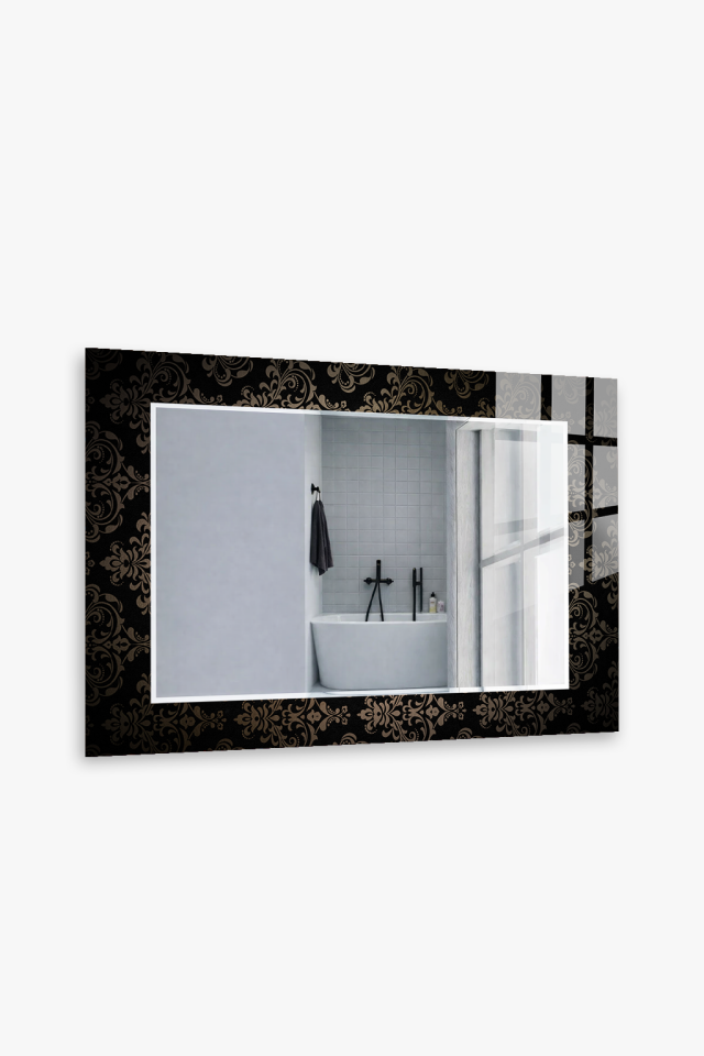 HEM TABLO HEM AYNA SİYAH DAMASK DESEN LÜKS CAM DUVAR AYNASI EV DEKORU