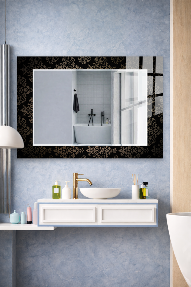HEM TABLO HEM AYNA SİYAH DAMASK DESEN LÜKS CAM DUVAR AYNASI EV DEKORU