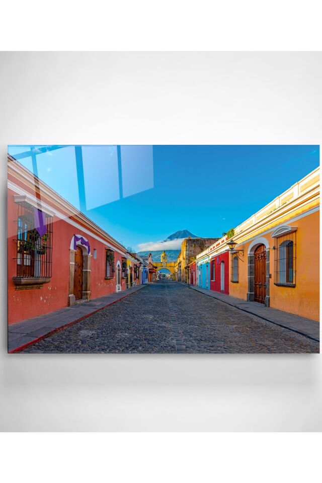 Renkli Evler Cam Tablo, Dekoratif Cam Tablo