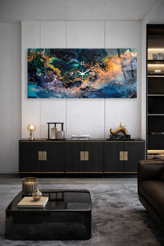 KIRILMAZ CAM DUVAR SAATİ , HEM TABLO HEM SAAT MAVİ TURUNCU SOYUT GALAKSİ EV OFİS HEDİYESİ