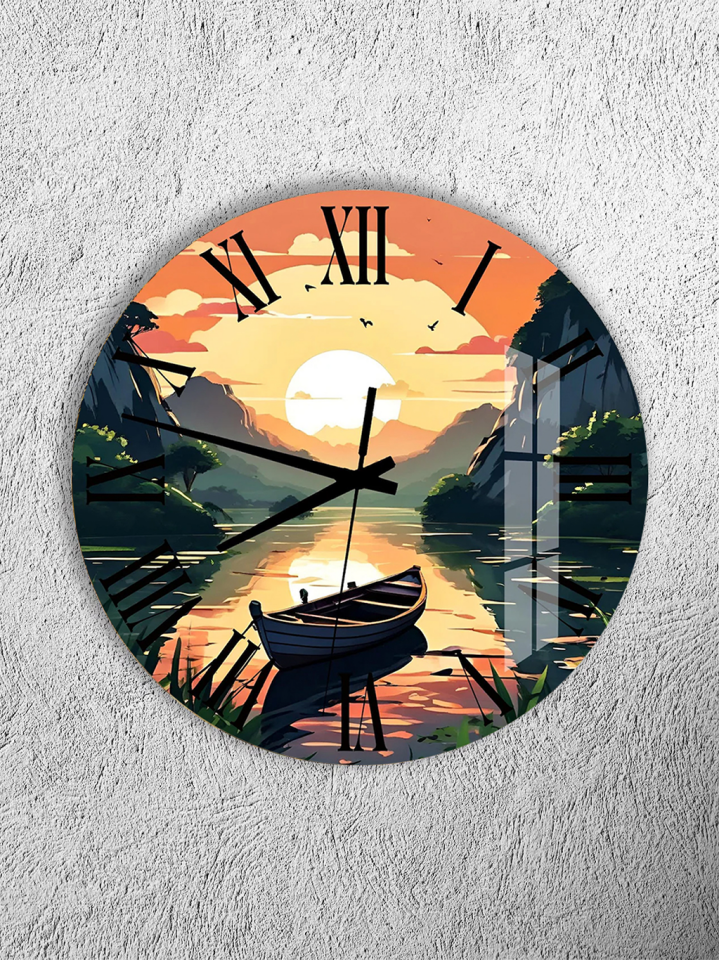 KIRILMAZ CAM DUVAR SAATİ, HEM TABLO HEM SAAT GÖL VE GÜN BATIMI MANZARASI EV OFİS HEDİYESİ